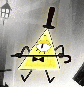 Bill Cipher holding his cane in two hands as he does a little dance